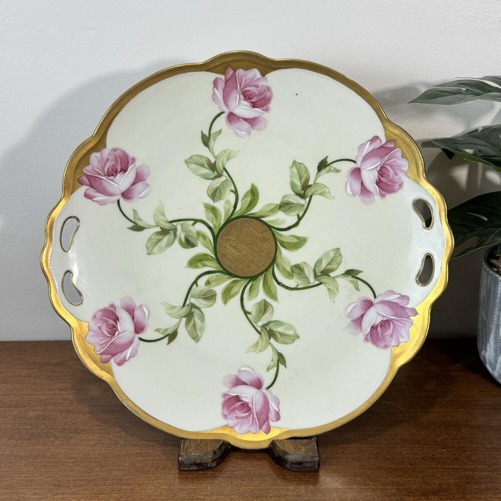 Antique M&Z Austria Hand Painted Pink Rose Cake Plate Gold Gilt Tray Handled